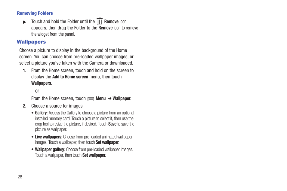 Removing folders, Wallpapers, N, see “wallpapers” on | Samsung SCH-I100ZKAUSC User Manual | Page 32 / 151
