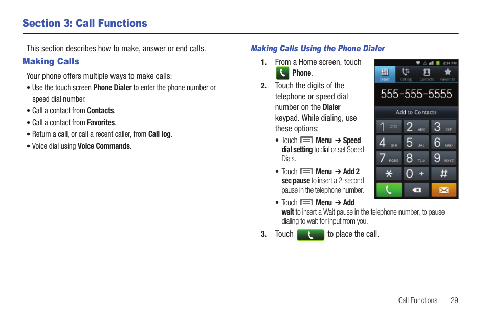 Section 3: call functions, Making calls, Making calls using the phone dialer | Samsung SCH-I100ZKAUSC User Manual | Page 33 / 151