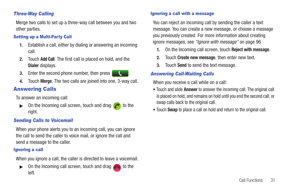 Three-way calling, Setting up a multi-party call, Answering calls | Sending calls to voicemail, Ignoring a call, Ignoring a call with a message, Answering call-waiting calls | Samsung SCH-I100ZKAUSC User Manual | Page 35 / 151