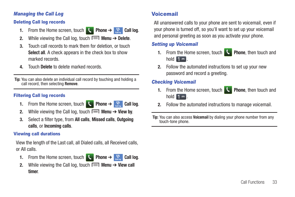 Managing the call log, Deleting call log records, Filtering call log records | Viewing call durations, Voicemail, Setting up voicemail, Checking voicemail | Samsung SCH-I100ZKAUSC User Manual | Page 37 / 151