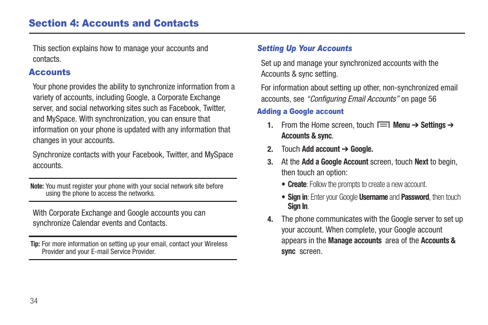 Section 4: accounts and contacts, Accounts, Setting up your accounts | Adding a google account | Samsung SCH-I100ZKAUSC User Manual | Page 38 / 151