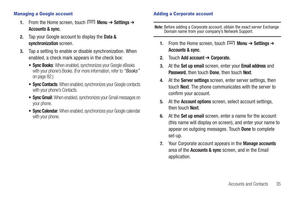 Managing a google account, Adding a corporate account | Samsung SCH-I100ZKAUSC User Manual | Page 39 / 151