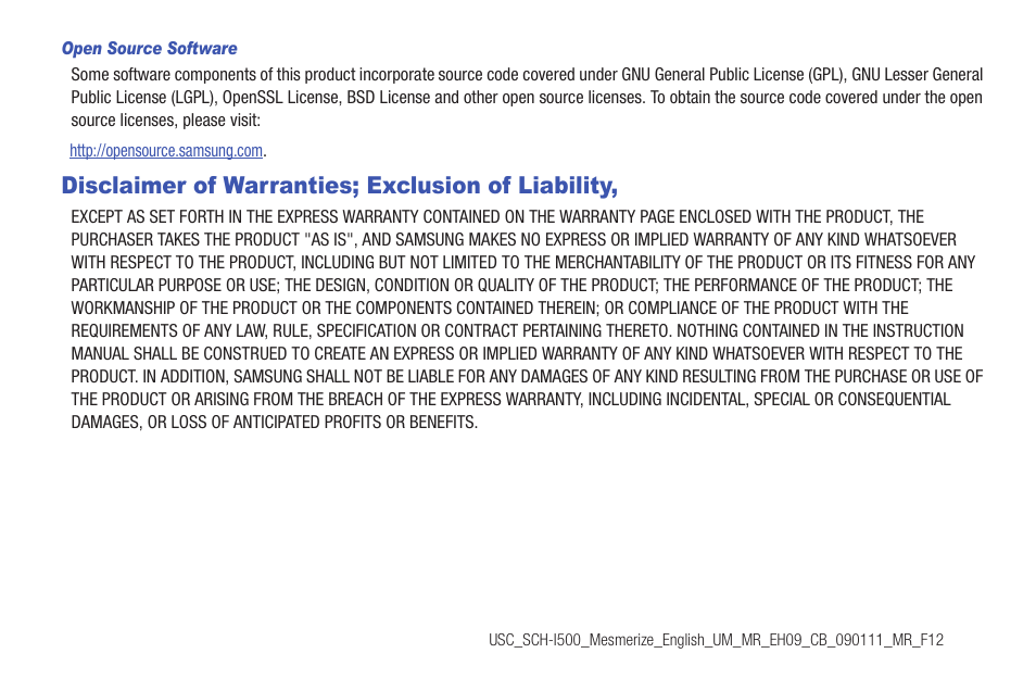 Open source software, Disclaimer of warranties; exclusion of liability | Samsung SCH-I100ZKAUSC User Manual | Page 4 / 151