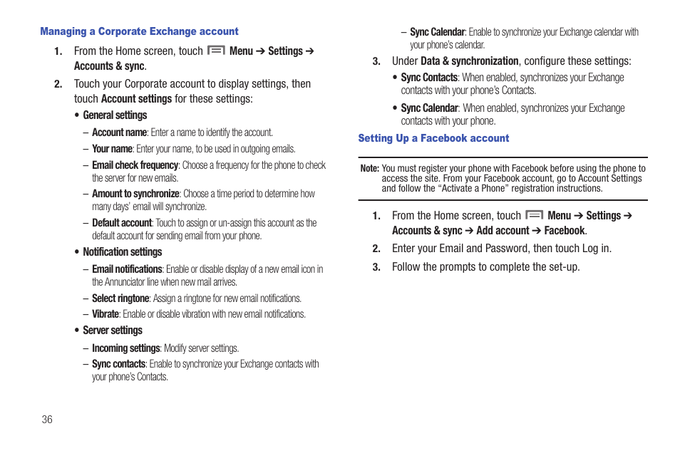 Managing a corporate exchange account, Setting up a facebook account | Samsung SCH-I100ZKAUSC User Manual | Page 40 / 151