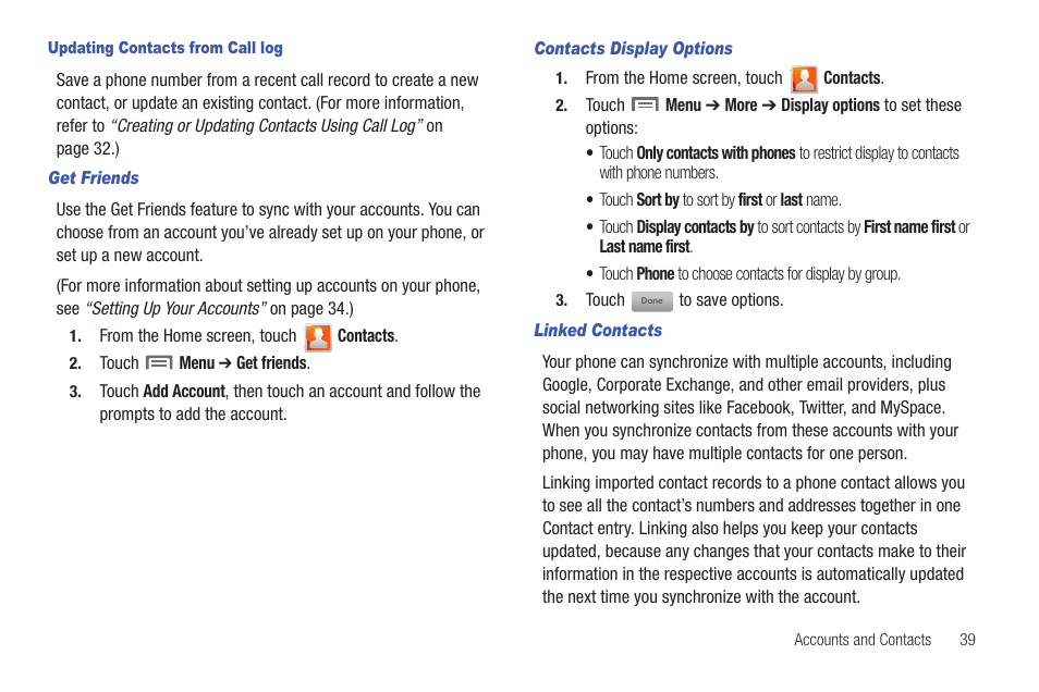Updating contacts from call log, Get friends, Contacts display options | Linked contacts | Samsung SCH-I100ZKAUSC User Manual | Page 43 / 151