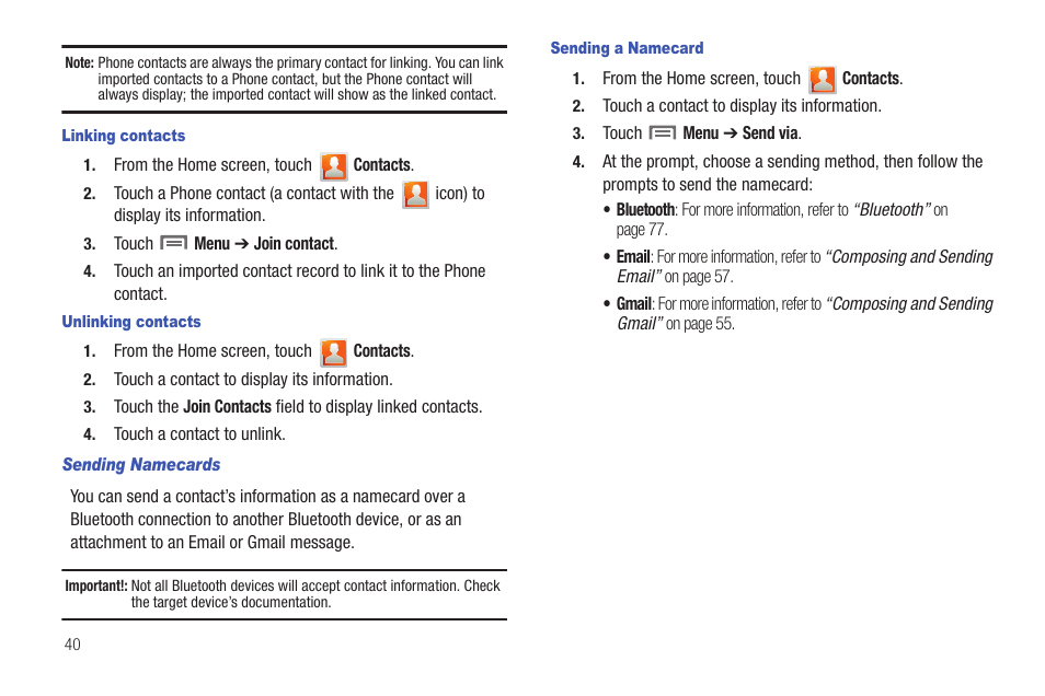 Linking contacts, Unlinking contacts, Sending namecards | Sending a namecard | Samsung SCH-I100ZKAUSC User Manual | Page 44 / 151