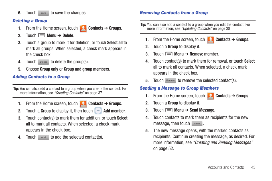 Deleting a group, Adding contacts to a group, Removing contacts from a group | Sending a message to group members | Samsung SCH-I100ZKAUSC User Manual | Page 47 / 151