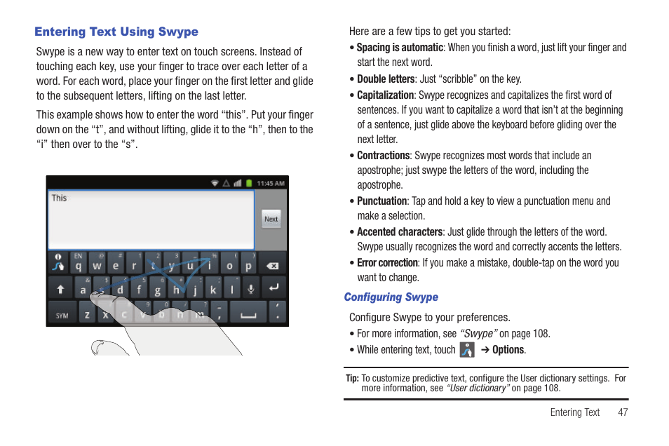 Entering text using swype, Configuring swype | Samsung SCH-I100ZKAUSC User Manual | Page 51 / 151