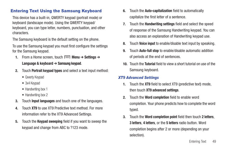 Entering text using the samsung keyboard, Xt9 advanced settings | Samsung SCH-I100ZKAUSC User Manual | Page 53 / 151