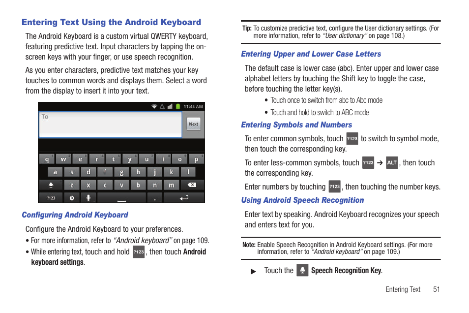 Entering text using the android keyboard, Configuring android keyboard, Entering upper and lower case letters | Entering symbols and numbers, Using android speech recognition | Samsung SCH-I100ZKAUSC User Manual | Page 55 / 151