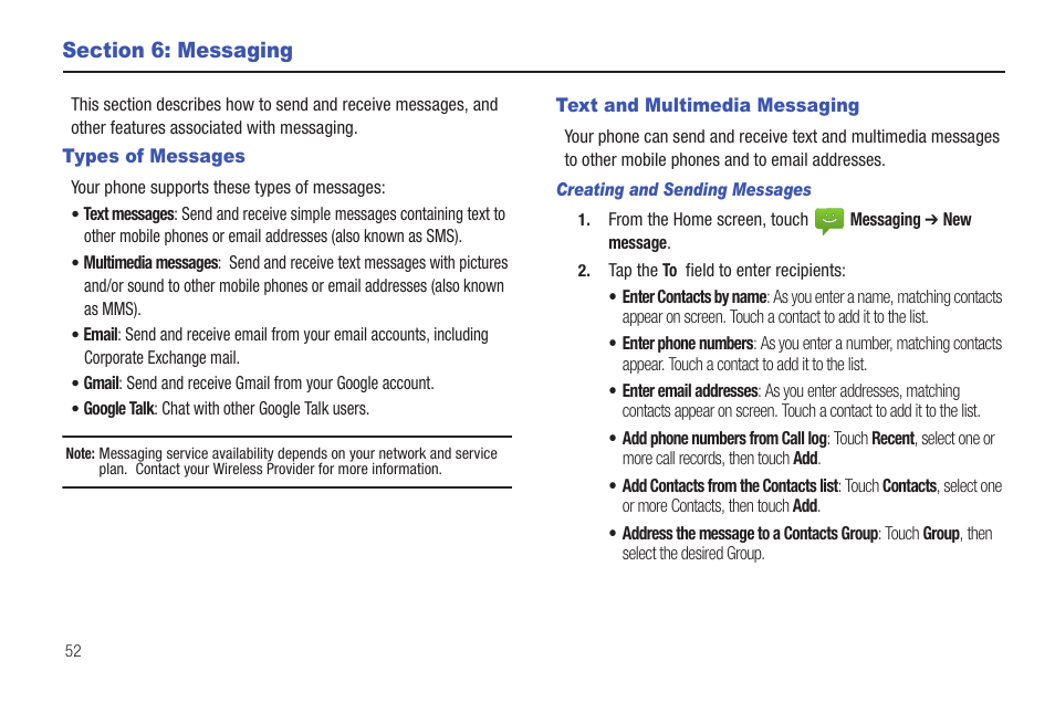 Section 6: messaging, Types of messages, Text and multimedia messaging | Creating and sending messages, Types of messages text and multimedia messaging | Samsung SCH-I100ZKAUSC User Manual | Page 56 / 151