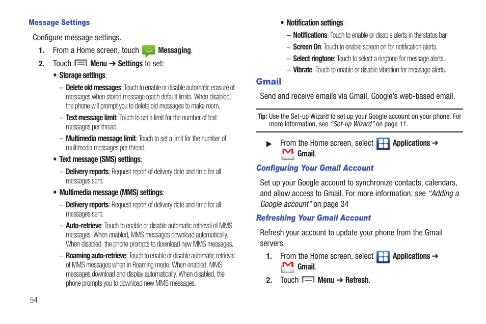 Message settings, Gmail, Configuring your gmail account | Refreshing your gmail account | Samsung SCH-I100ZKAUSC User Manual | Page 58 / 151