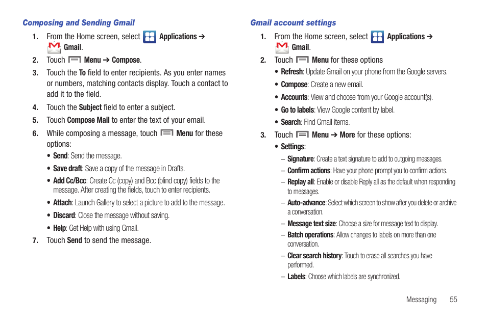 Composing and sending gmail, Gmail account settings | Samsung SCH-I100ZKAUSC User Manual | Page 59 / 151