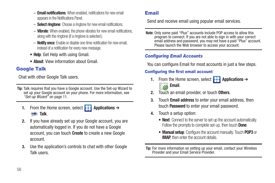 Google talk, Email, Configuring email accounts | Configuring the first email account, Google talk email | Samsung SCH-I100ZKAUSC User Manual | Page 60 / 151