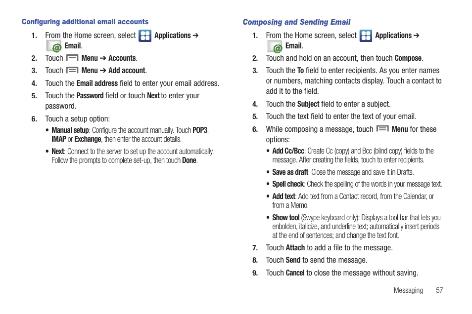 Configuring additional email accounts, Composing and sending email | Samsung SCH-I100ZKAUSC User Manual | Page 61 / 151