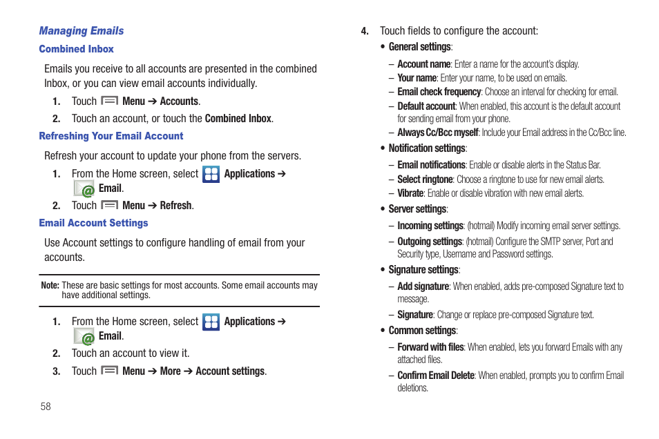 Managing emails, Combined inbox, Refreshing your email account | Email account settings | Samsung SCH-I100ZKAUSC User Manual | Page 62 / 151