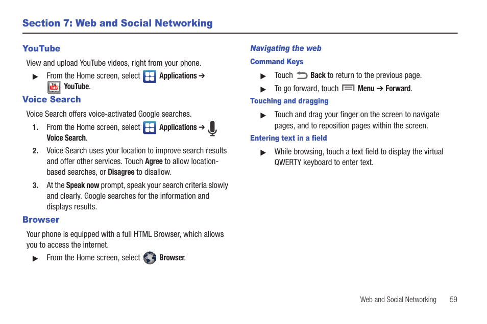 Section 7: web and social networking, Youtube, Voice search | Browser, Navigating the web, Command keys, Touching and dragging, Entering text in a field, Youtube voice search browser | Samsung SCH-I100ZKAUSC User Manual | Page 63 / 151