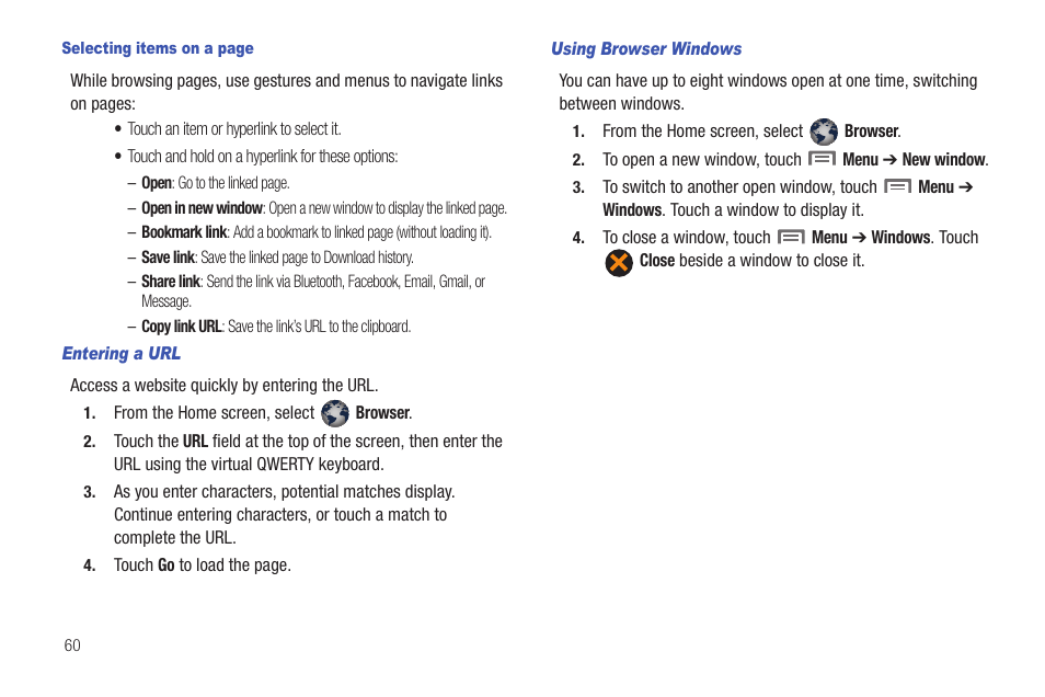 Entering a url, Using browser windows | Samsung SCH-I100ZKAUSC User Manual | Page 64 / 151