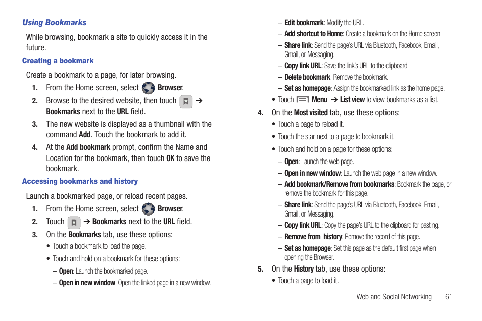 Using bookmarks, Creating a bookmark, Accessing bookmarks and history | Samsung SCH-I100ZKAUSC User Manual | Page 65 / 151