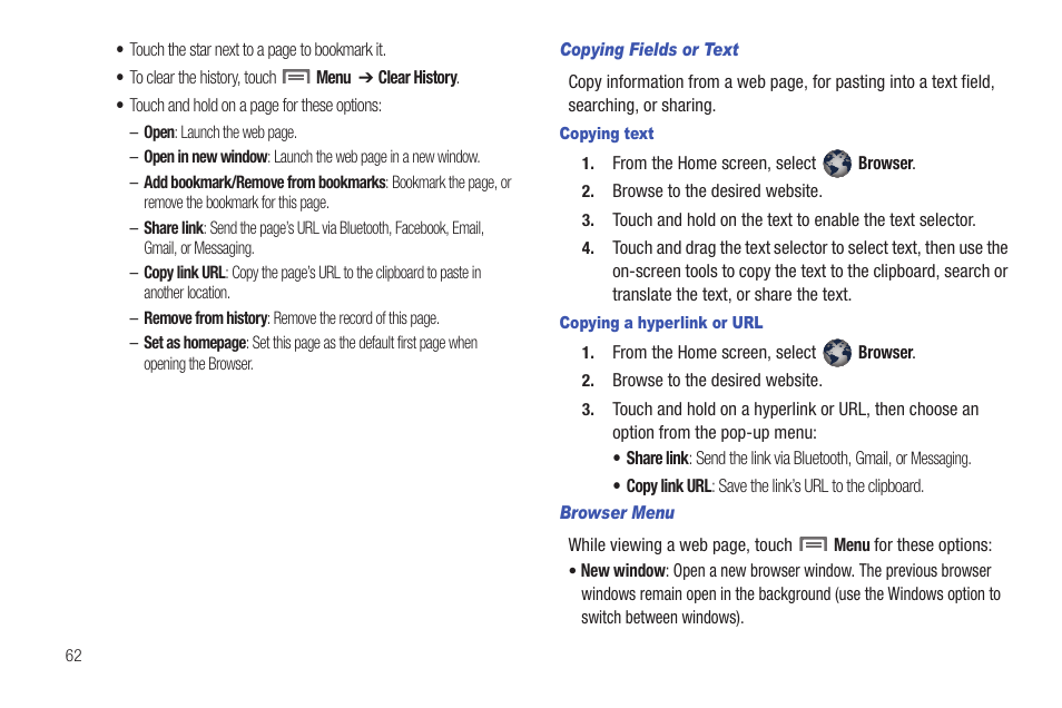 Copying fields or text, Copying text, Copying a hyperlink or url | Browser menu | Samsung SCH-I100ZKAUSC User Manual | Page 66 / 151