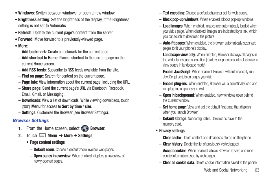 Browser settings | Samsung SCH-I100ZKAUSC User Manual | Page 67 / 151