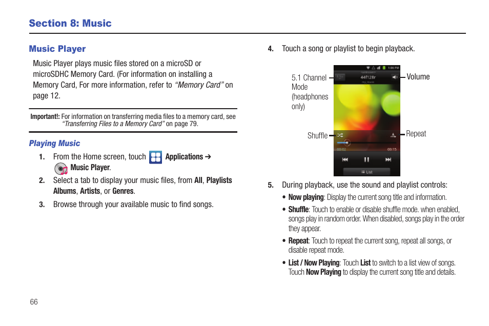 Section 8: music, Music player, Playing music | Samsung SCH-I100ZKAUSC User Manual | Page 70 / 151