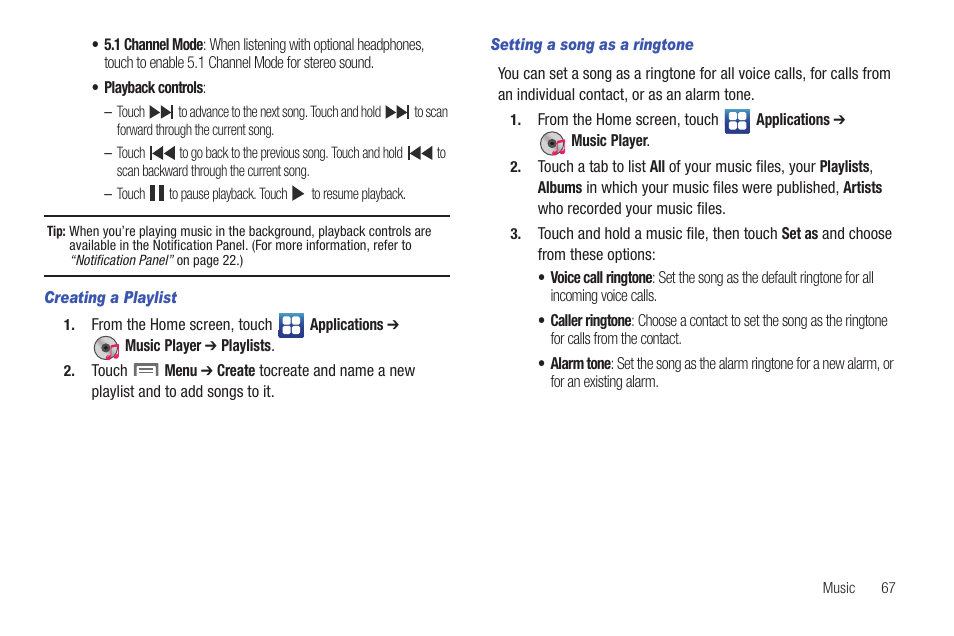 Creating a playlist, Setting a song as a ringtone | Samsung SCH-I100ZKAUSC User Manual | Page 71 / 151