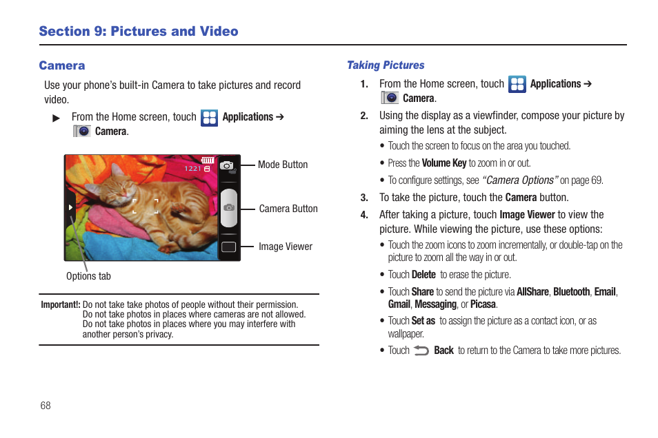 Section 9: pictures and video, Camera, Taking pictures | Samsung SCH-I100ZKAUSC User Manual | Page 72 / 151