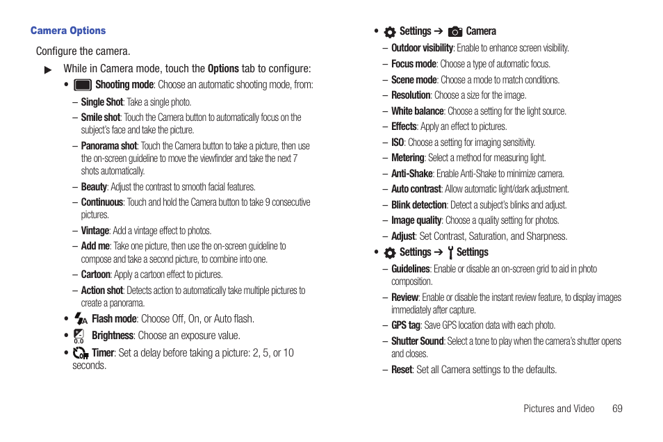 Camera options | Samsung SCH-I100ZKAUSC User Manual | Page 73 / 151