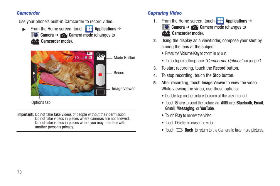 Camcorder, Capturing video | Samsung SCH-I100ZKAUSC User Manual | Page 74 / 151