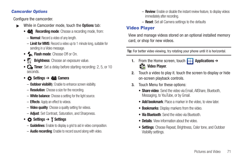 Camcorder options, Video player | Samsung SCH-I100ZKAUSC User Manual | Page 75 / 151