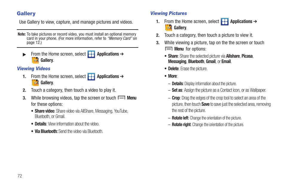 Gallery, Viewing videos, Viewing pictures | Samsung SCH-I100ZKAUSC User Manual | Page 76 / 151