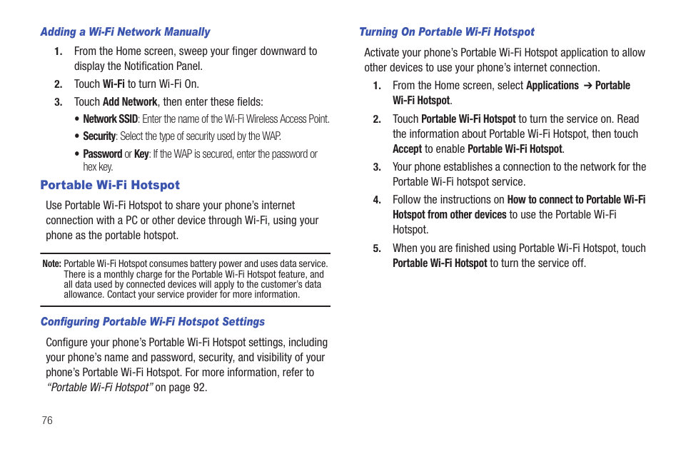 Adding a wi-fi network manually, Portable wi-fi hotspot, Configuring portable wi-fi hotspot settings | Turning on portable wi-fi hotspot | Samsung SCH-I100ZKAUSC User Manual | Page 80 / 151