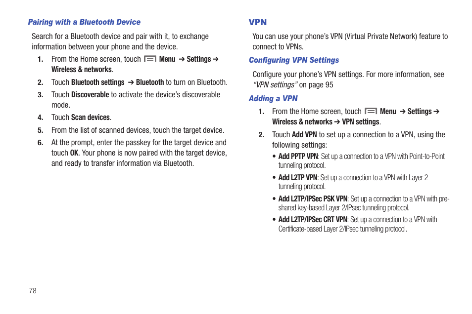 Pairing with a bluetooth device, Configuring vpn settings, Adding a vpn | Samsung SCH-I100ZKAUSC User Manual | Page 82 / 151