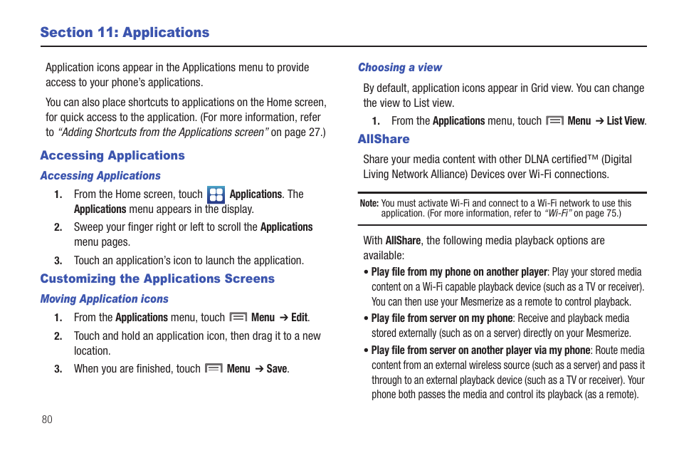 Section 11: applications, Accessing applications, Customizing the applications screens | Moving application icons, Choosing a view, Allshare | Samsung SCH-I100ZKAUSC User Manual | Page 84 / 151