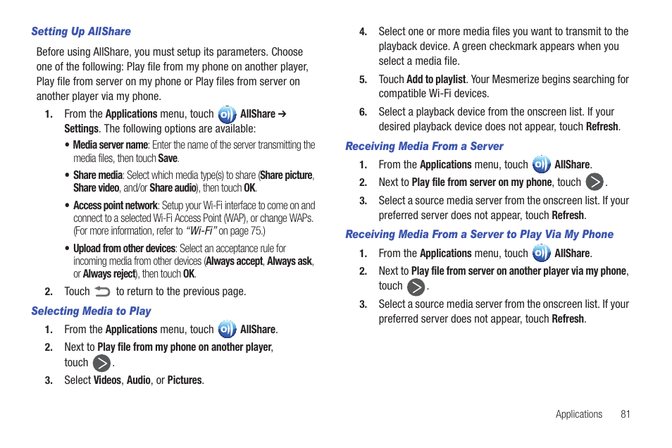 Setting up allshare, Selecting media to play, Receiving media from a server | Receiving media from a server to play via my phone | Samsung SCH-I100ZKAUSC User Manual | Page 85 / 151