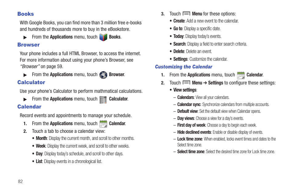 Books, Browser, Calculator | Calendar, Customizing the calendar, Books browser calculator calendar | Samsung SCH-I100ZKAUSC User Manual | Page 86 / 151