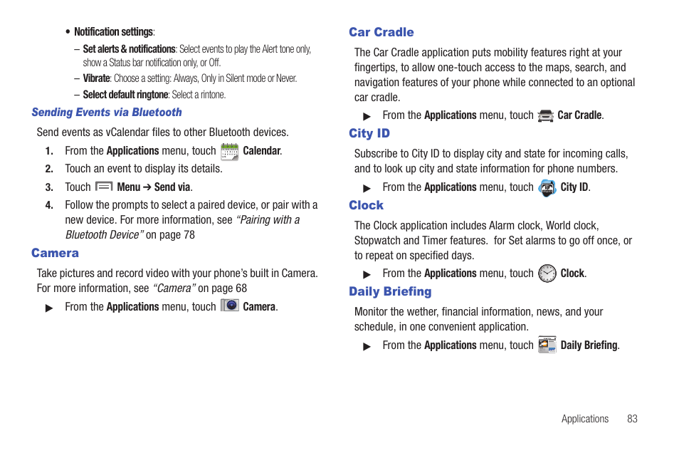 Sending events via bluetooth, Camera, Car cradle | City id, Clock, Daily briefing, Camera car cradle city id clock daily briefing | Samsung SCH-I100ZKAUSC User Manual | Page 87 / 151