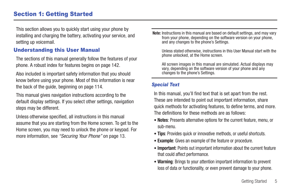 Section 1: getting started, Understanding this user manual, Special text | Samsung SCH-I100ZKAUSC User Manual | Page 9 / 151