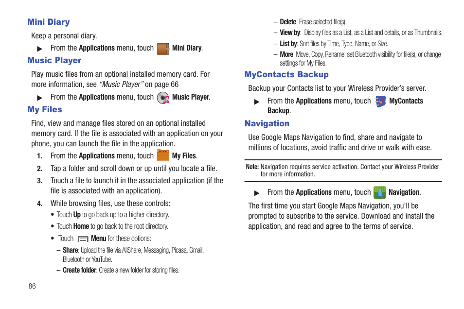 Mini diary, Music player, My files | Mycontacts backup, Navigation, Music player my files mycontacts backup navigation | Samsung SCH-I100ZKAUSC User Manual | Page 90 / 151