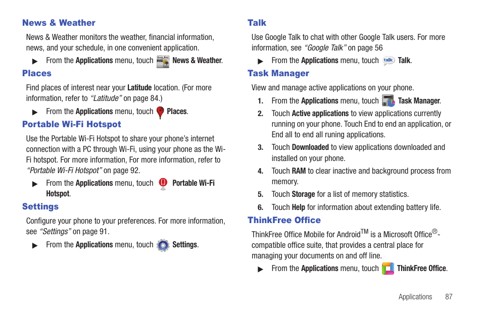 News & weather, Places, Portable wi-fi hotspot | Settings, Talk, Task manager, Thinkfree office | Samsung SCH-I100ZKAUSC User Manual | Page 91 / 151