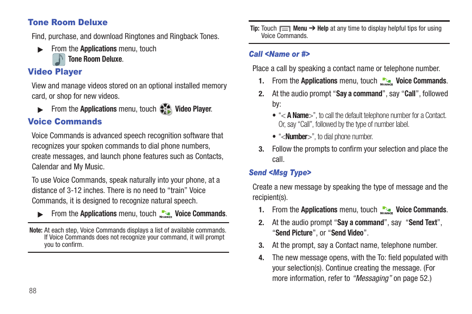 Tone room deluxe, Video player, Voice commands | Call <name or, Send <msg type, Tone room deluxe video player voice commands | Samsung SCH-I100ZKAUSC User Manual | Page 92 / 151