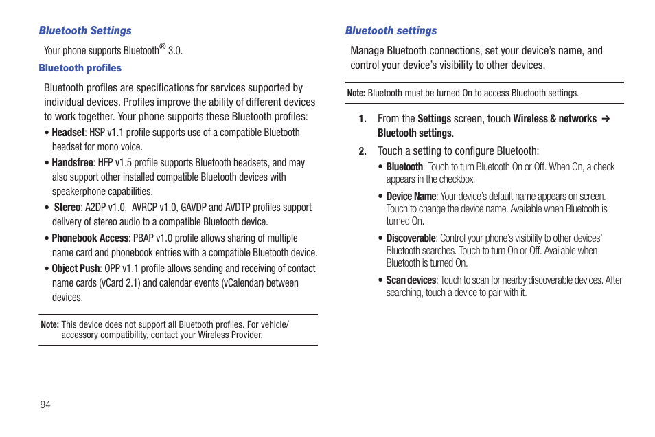 Bluetooth settings, Bluetooth profiles | Samsung SCH-I100ZKAUSC User Manual | Page 98 / 151