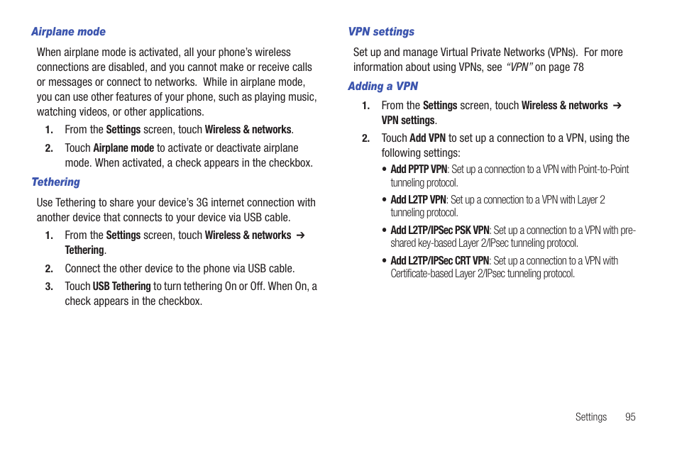 Airplane mode, Tethering, Vpn settings | Adding a vpn | Samsung SCH-I100ZKAUSC User Manual | Page 99 / 151