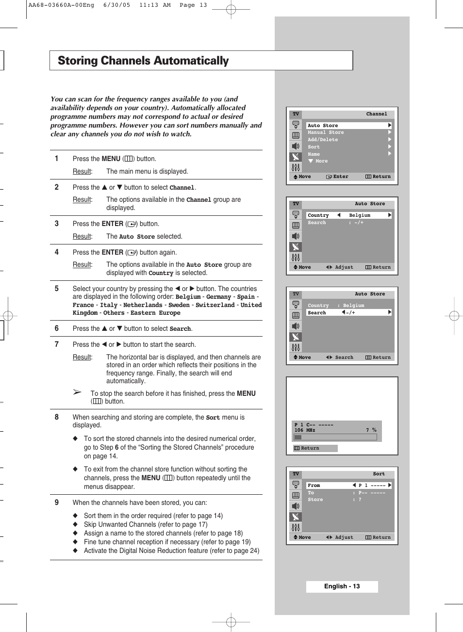 Setting the channels, Storing channels automatically | Samsung WS32Z306VBXXEC User Manual | Page 13 / 48