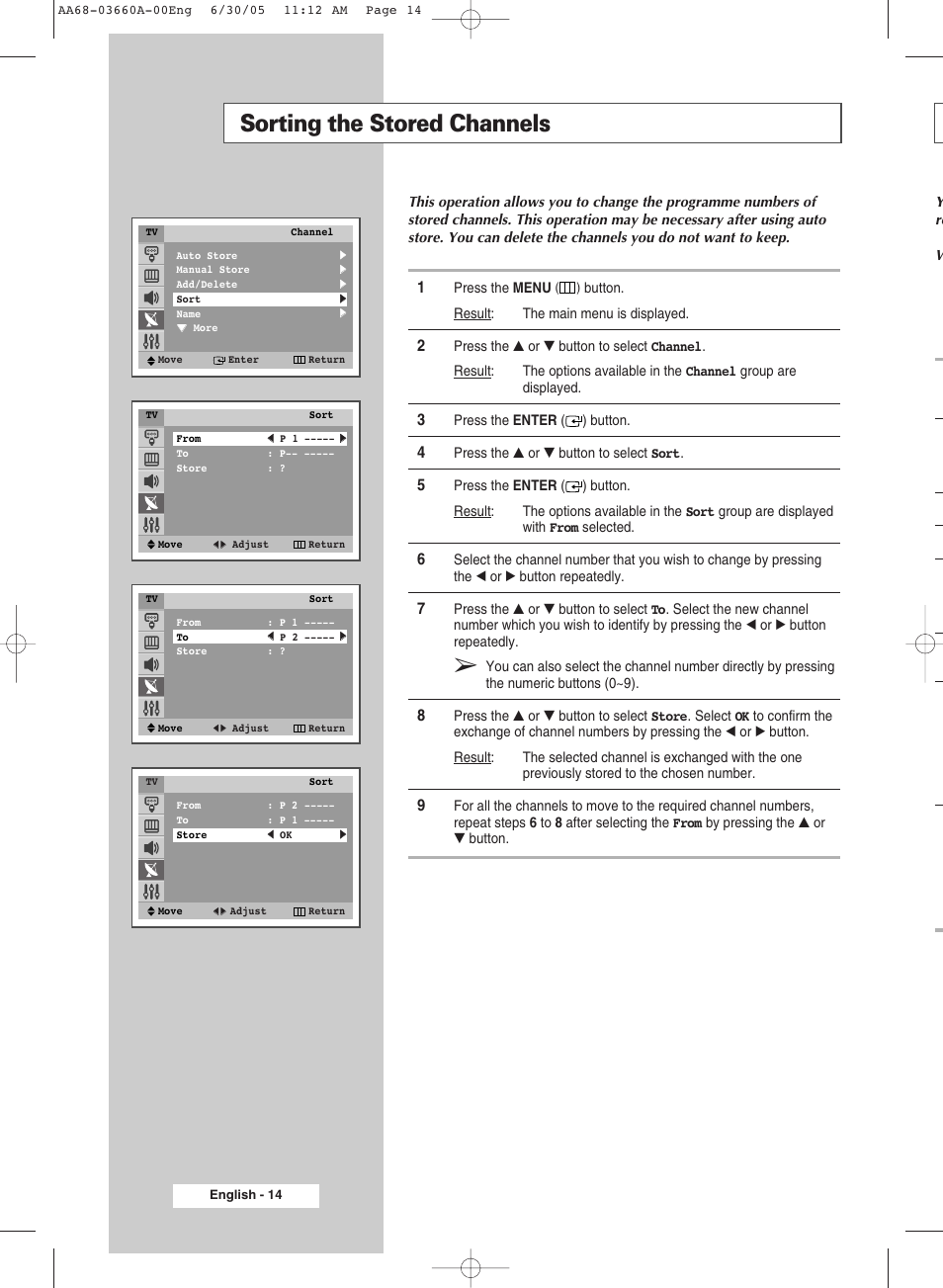 Sorting the stored channels | Samsung WS32Z306VBXXEC User Manual | Page 14 / 48