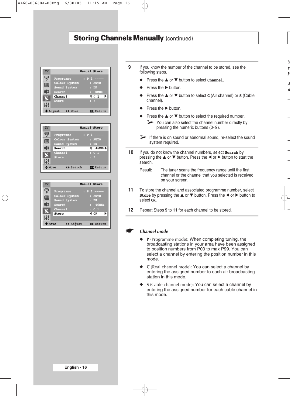 Storing channels manually, Continued) | Samsung WS32Z306VBXXEC User Manual | Page 16 / 48