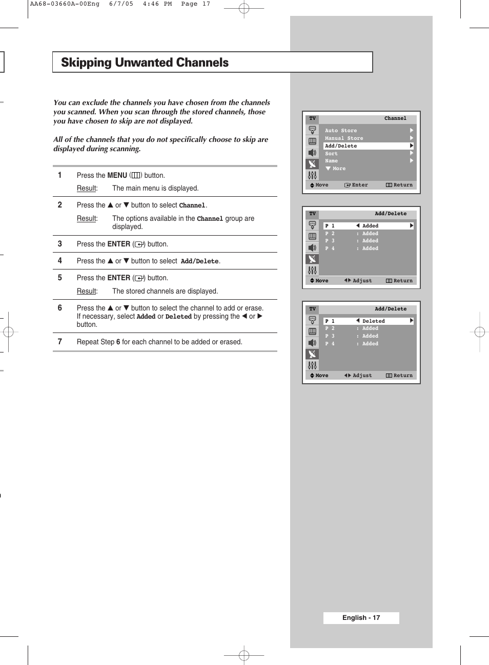 Skipping unwanted channels | Samsung WS32Z306VBXXEC User Manual | Page 17 / 48