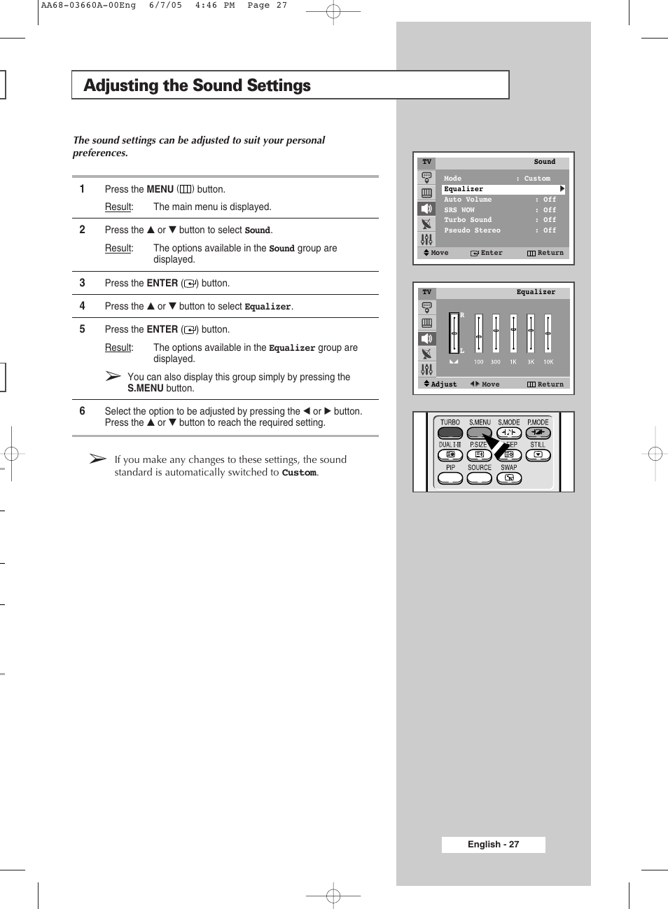 Adjusting the sound settings | Samsung WS32Z306VBXXEC User Manual | Page 27 / 48