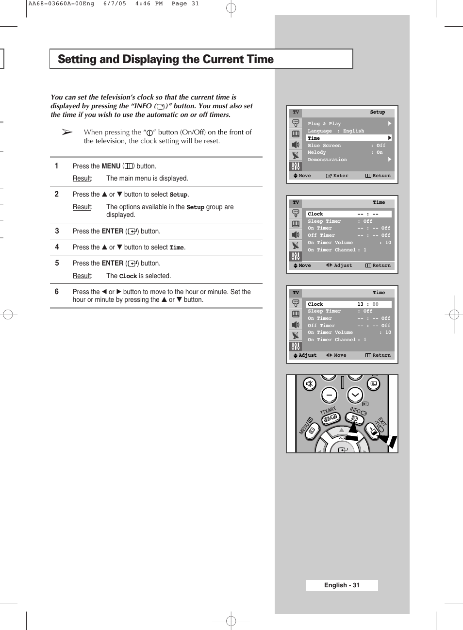 Setting and displaying the current time | Samsung WS32Z306VBXXEC User Manual | Page 31 / 48